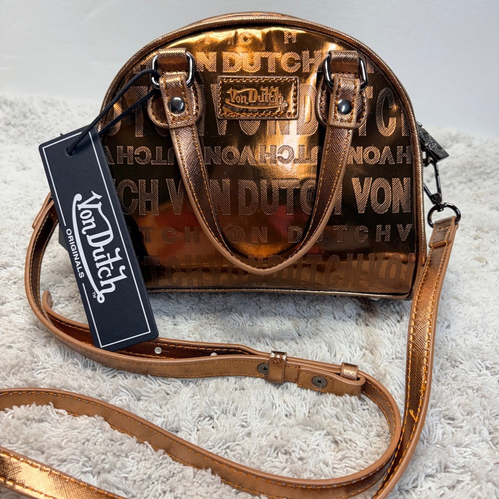 Von Dutch Originals Mini Bowling Bag Metallic Copper Logo Crossbody Handbag NEW